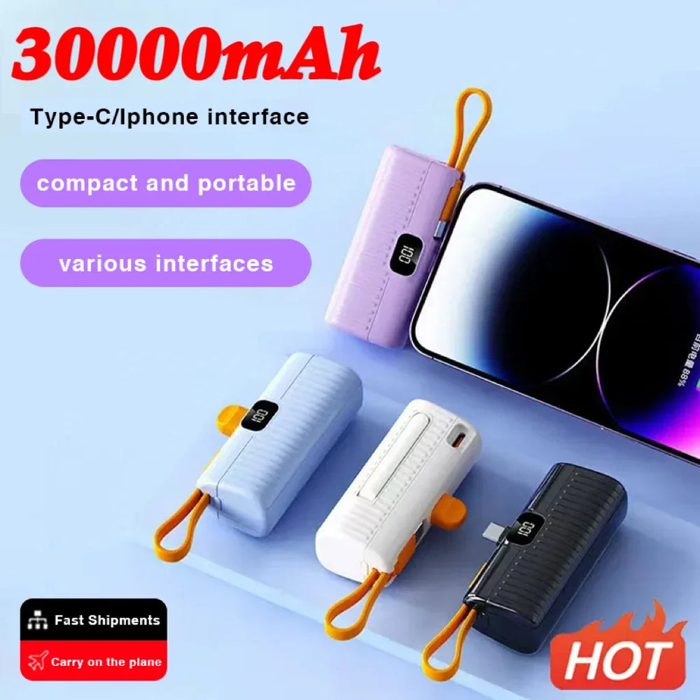 30000Mah Power Bank Fast Charging Emergency External Battery Digital Display Built-In Data Cable Plug and Play for Iphone Type-C
